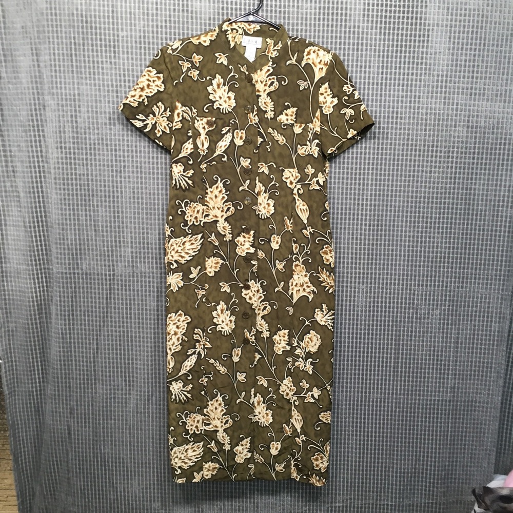 Just In Thyme Ltd Petite Floral‎ Button Front Midi Dress Olive Green 8P